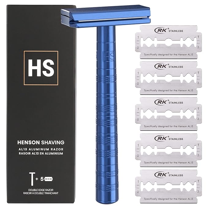 Henson Shaving Razor - Steel Blue Double Edge Safety Razor with 5 Spare Blades - 30° Angled Precision With Superior Blade Rigidity- Reusable Single Blade Razors For Men and Women - Mild Aggression