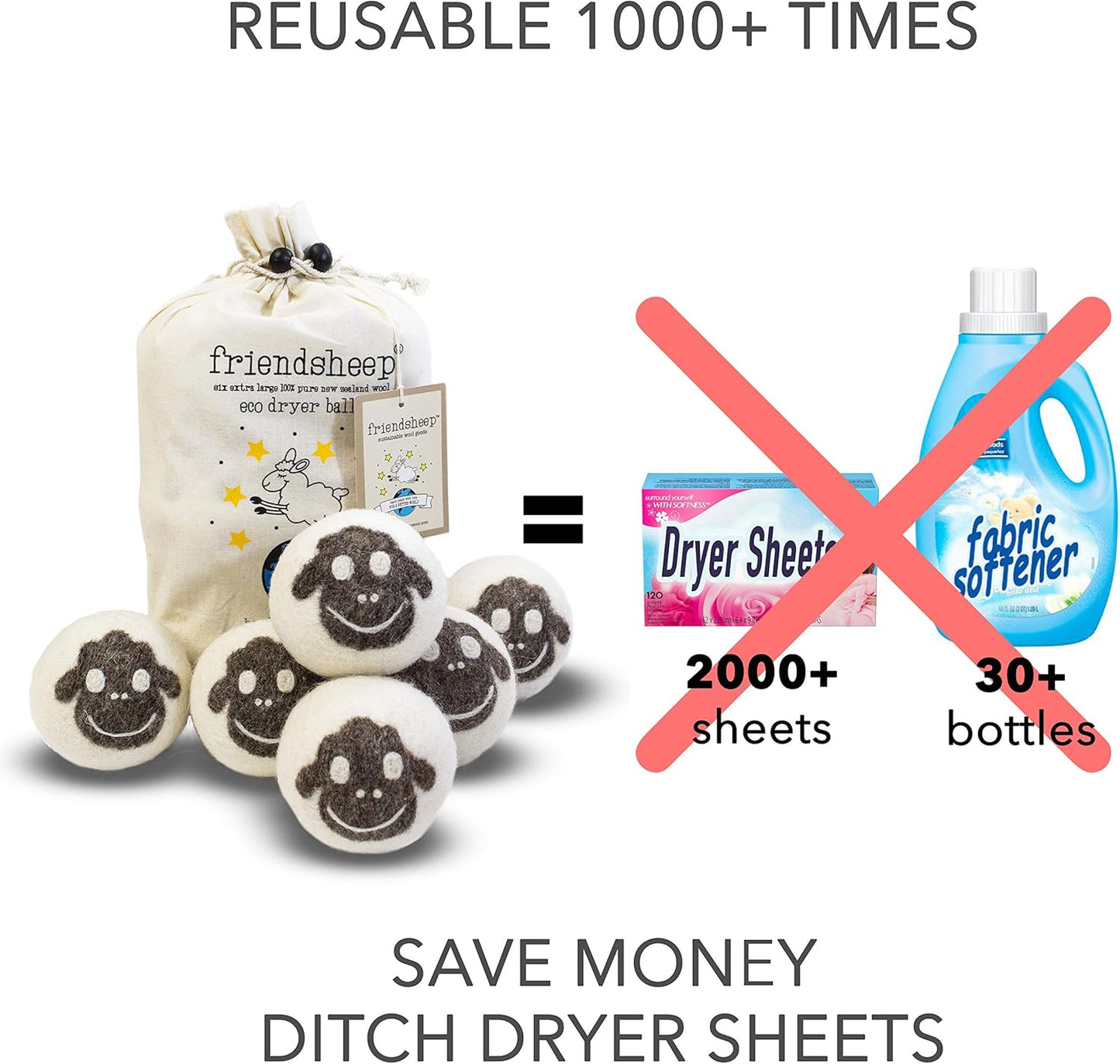 Wool Dryer Balls by Friendsheep 6 Pack XL Organic Premium Reusable Cruelty Free Handmade Fair Trade No Lint Fabric Softener Brown Sheep "Flock of Friends"