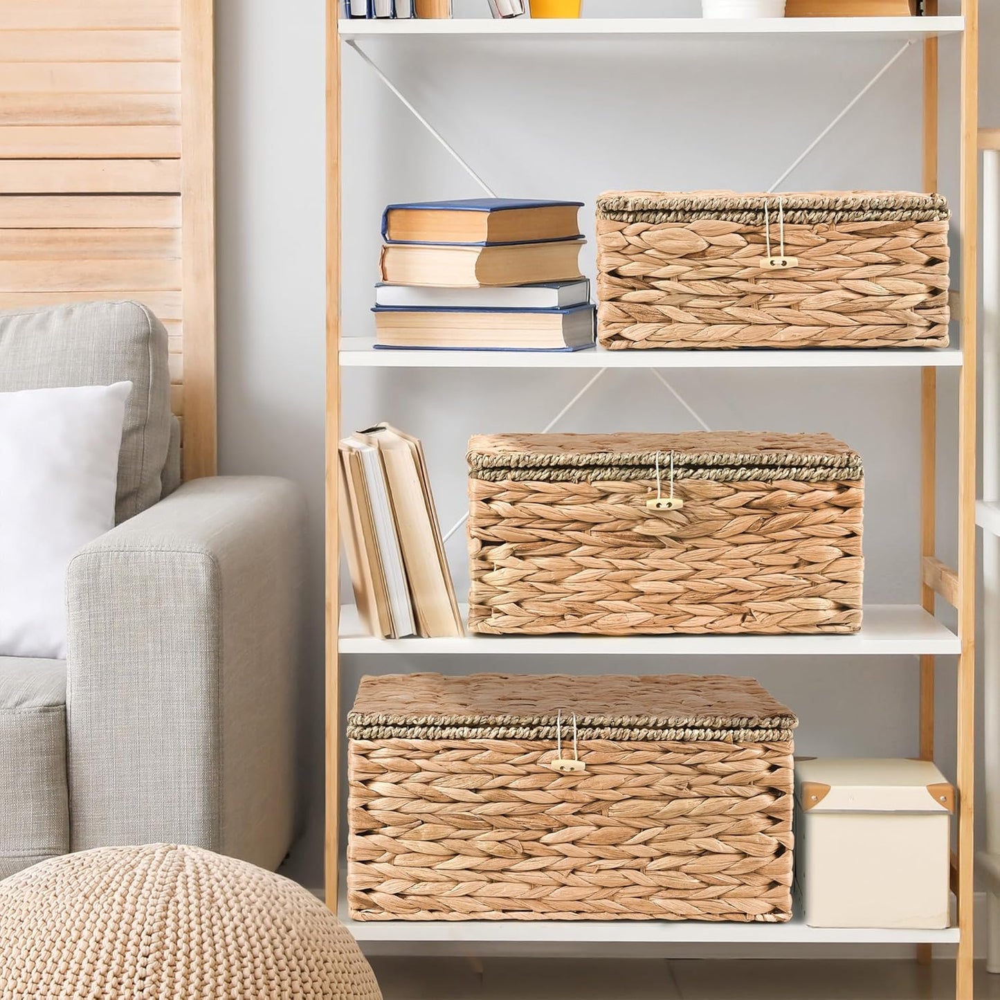 Wicker Storage Baskets with Lids and Handles, Hand Woven Rattan Storage Bins Box, Set 3 Natural Water Hyacinth Decorative Large Small Basket Container for Shelves, Bathroom Organizing