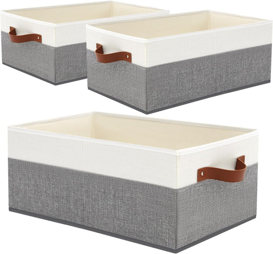 3 Pack Large Capacity Storage Bins Closet Organizer for Shelves, Fabric Closet Storage Baskets Boxes with Leather Handles for Organizing Clothes, Sheets, Jeans, Toys, Books (Grey)