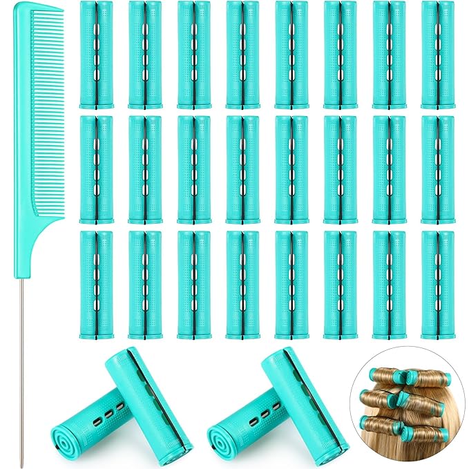 24 Pieces Hair Perm Rods Plastic Cold Wave Perming Curlers Hair Rollers with Steel Pintail Comb Rat Tail Comb Tools for Hairdressing Styling(Green,0.98 Inches)