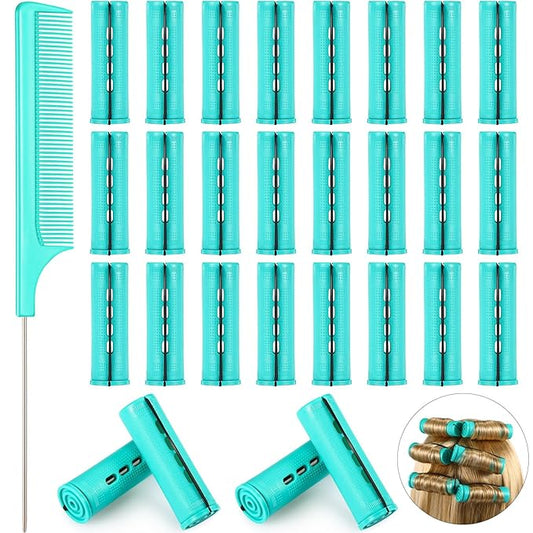 24 Pieces Hair Perm Rods Plastic Cold Wave Perming Curlers Hair Rollers with Steel Pintail Comb Rat Tail Comb Tools for Hairdressing Styling(Green,0.98 Inches)