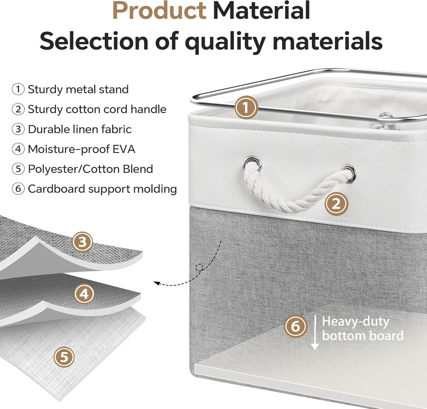 13x13 Inch Cube Storage Bins with Reinforced Bottom Cardboard, 6 Pack Large Collapsible Fabric Storage Cubes with Handles for Shelf, Closet, Toy, Laundry Organization (White&Gray)