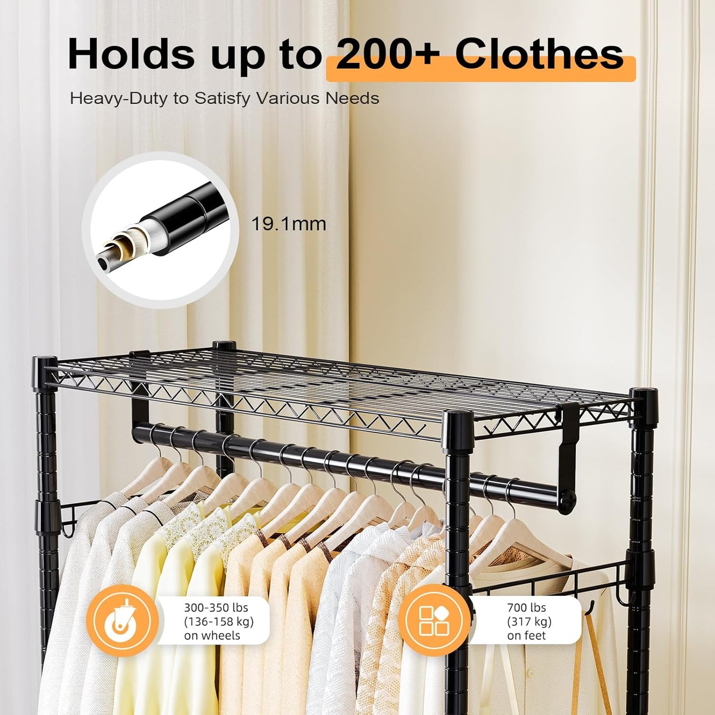 Heavy Duty Rolling Garment Rack 3 Tiers Adjustable Wire Shelving Clothes Rack with 2 Rods and Side Hooks,Storage Closet Clothing Rack with Wheels Black 15.7" D x 29.5" W x 74.5" H