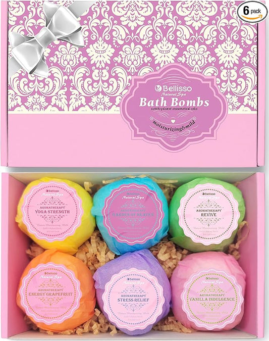Bath Bombs Gift Set - 6 Bubble Bath Fizzies (6 x 2oz) with Natural Dead Sea Salt Cocoa and Shea Essential Oils - Best Gift Idea for Birthday, Mom, Woman, Girl, Him, Kids
