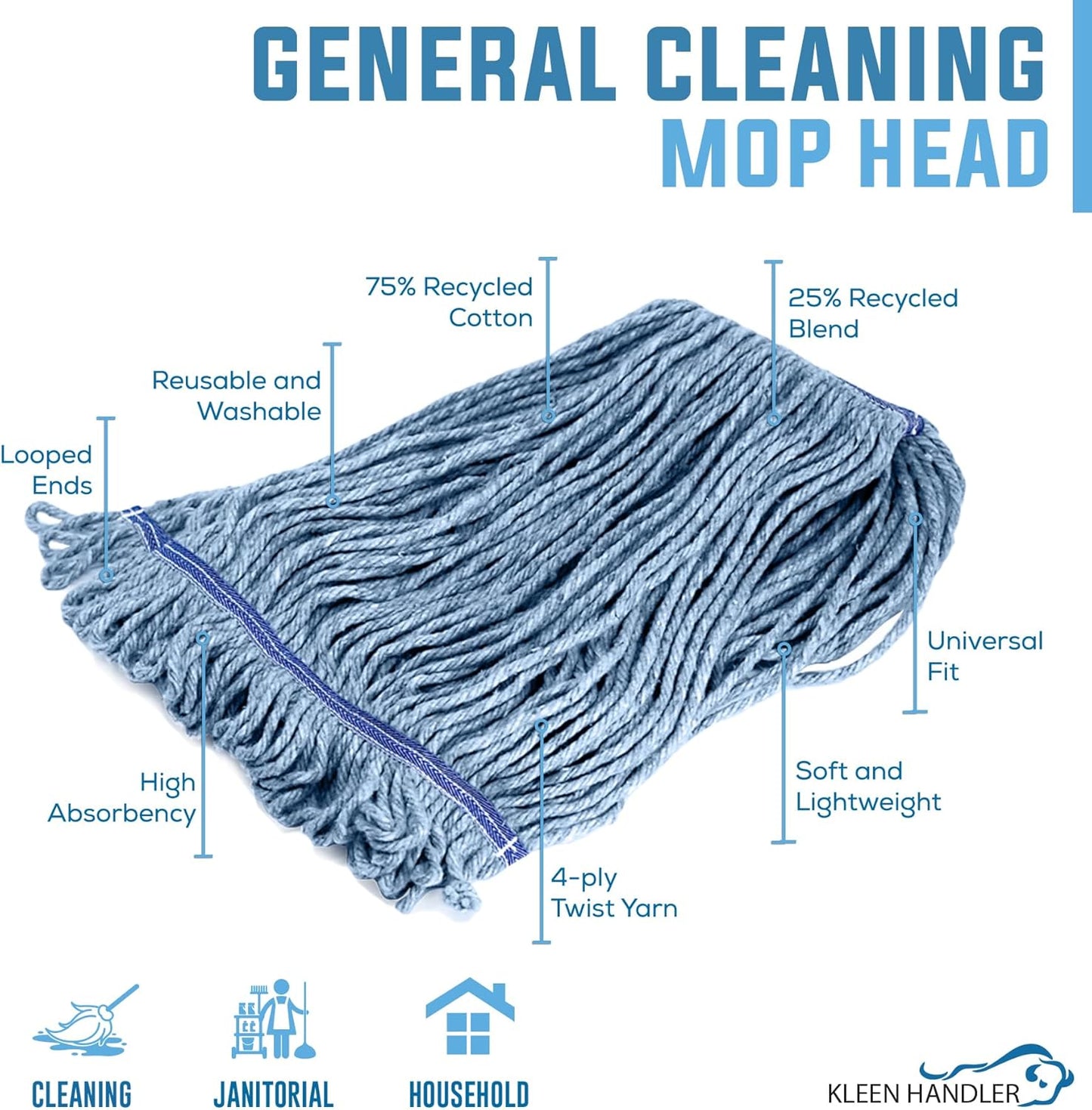 KLEEN HANDLER HEAVY DUTY Commercial Mop Head Replacement, Wet Industrial Blue Cotton Looped End String Cleaning Mop Head Refill (Pack of 6)