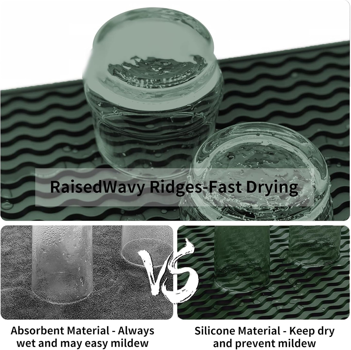 ZLR Silicone Dish Drying Mat for Kitchen Counter, Eco-Friendly Fast Dry Dish Mat, Easy Clean Multi Usage Drying Matt, Heat Resistant Trivet, 12" x 16" Large, Dark Green