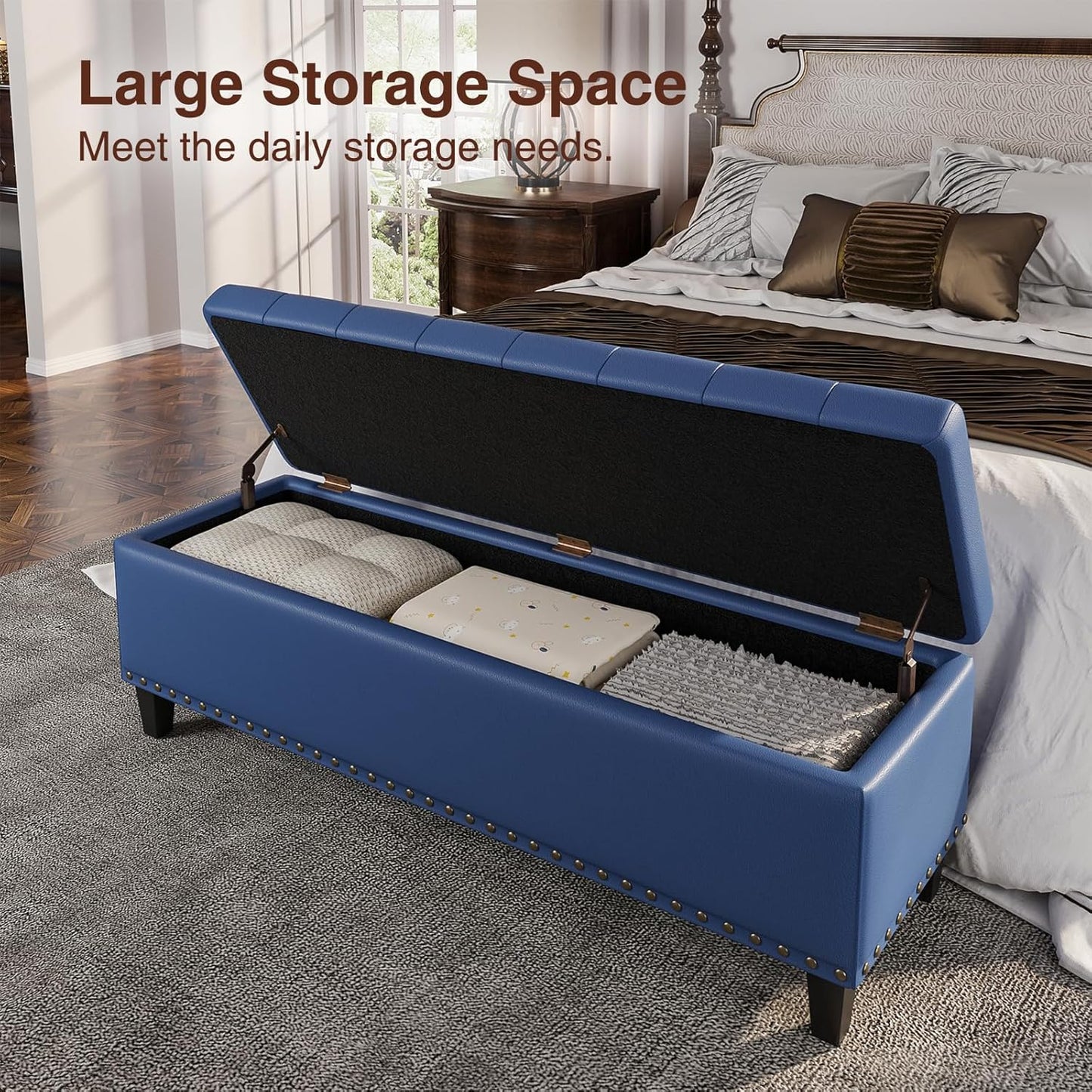 Storage Ottoman Bench, 51-Inch Large Storage Bench for Bedroom End of Bed, 30 Gallons Faux Leather Ottoman with Storage for Bedroom, Living Room, Entryway, Hallway, Blue