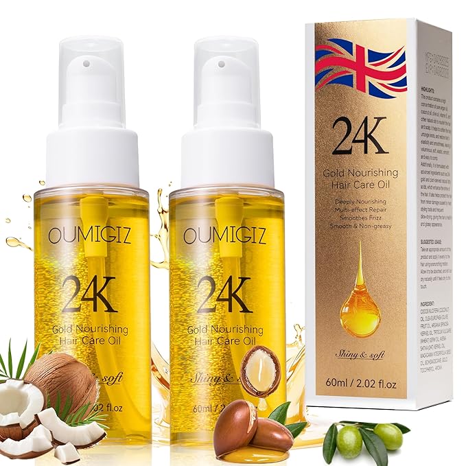 24K Gold Hair Oil, Repair Shine Serum with Coconut, Argan & Olive Oils - Heat Protectant and Frizz Control - Vegan, Lightweight Leave-In Treatment for Dry Damaged Hair (2.02 Fl Oz (Pack of 2))