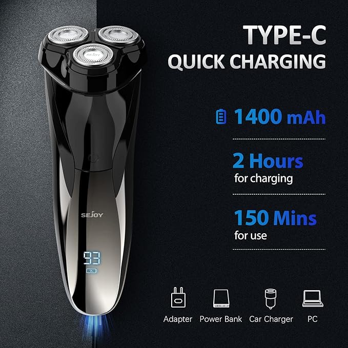 Electric Razor for Men, Mens Electric Shavers, Rechargeable Wet & Dry Electric Razor Shaving Machines, Pop Up Trimmer for Travel Home, Rechargeable,LED Display,IPX7 Waterproof, Black