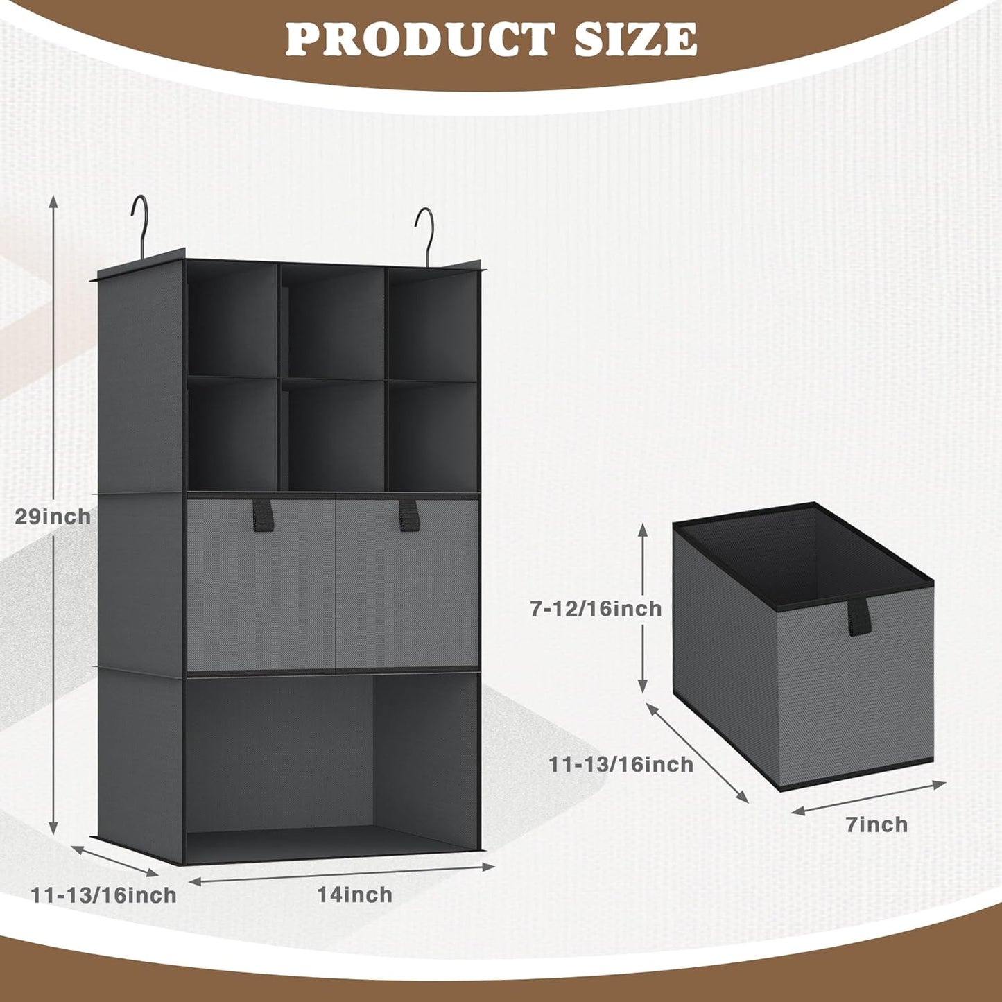 Hanging Closet Organizer 4 Shelves, 2 Drawers Closet Organization and Storage, 6 Compartments Wardrobe Clothes Organizer, Dark Gray