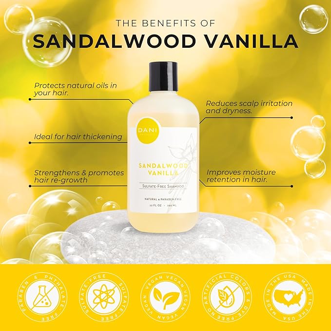 DANI Naturals Shampoo with Sandalwood Vanilla Scent promotes hair thickening, strengthens follicles, and supports hair re-growth. Sulfate-free, nourishing, and soothing