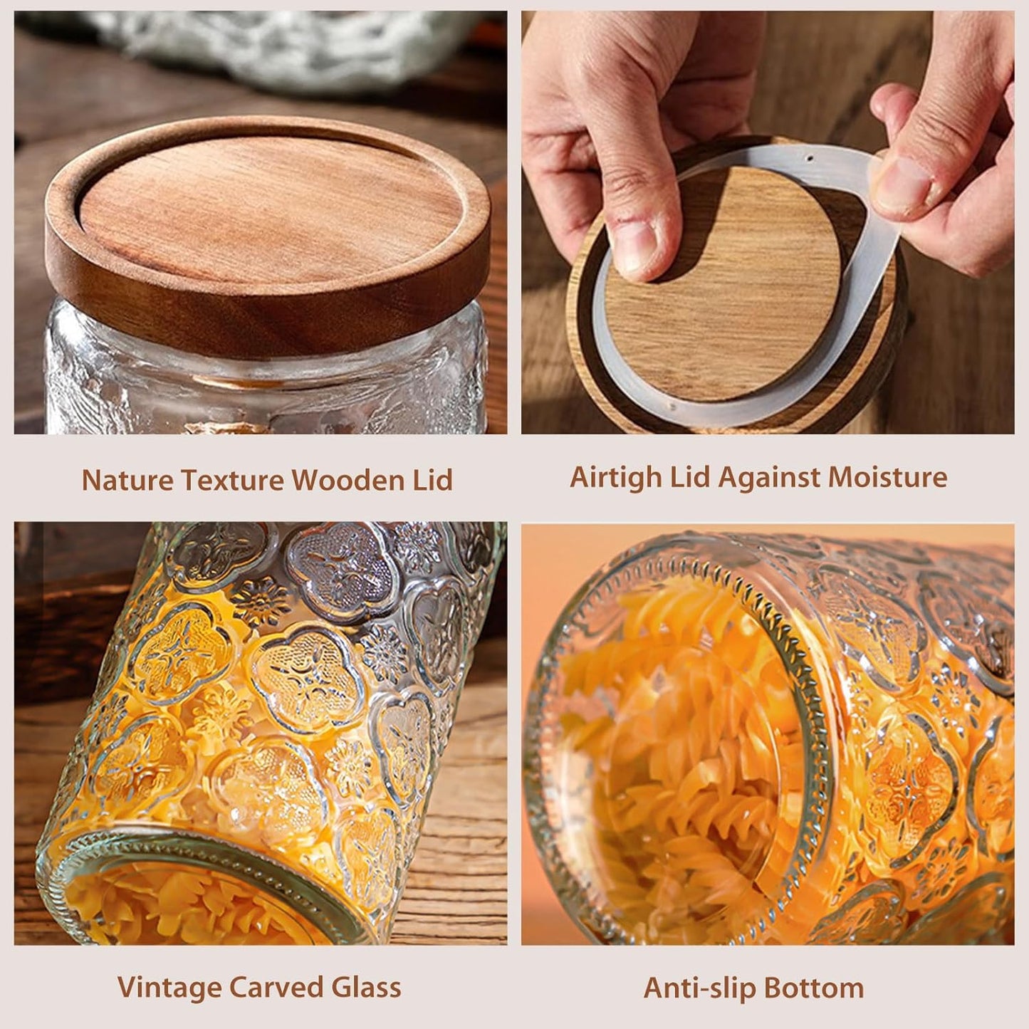 34 OZ/2 PCS Glass Storage Jar with Airtight Bamboo Wooden Lids, Vintage Food Containers Canisters Sets for Kitchen Counter Pantry, Sugar, Flour, Candy, Tea, Coffee Beans, Oats, Grain Bin, Pasta,