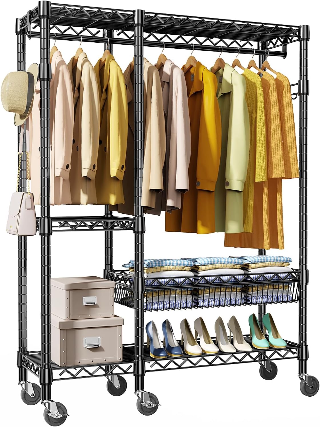 Heavy Duty Rolling Garment Rack 4 Tiers Adjustable Wire Shelving Clothes Rack with Rods and Side Hooks, Storage Closet Clothing Rack with Wheels Black 17.7" D x 47.2" W x 83.6" H
