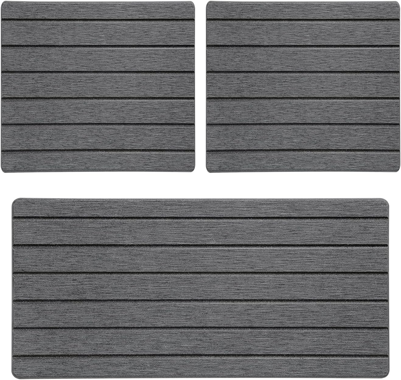 3 Pack Diatomite Stone Sink Tray, Water Absorbing Mat for Kitchen & Bathroom Counter, Quick Dry Soap Dish Makeup Vanity Caddy,Sponge Holder Organizer, Dark Gray 2pcs of 8"x 3.8" and 1pc of 3.8"x 3.8"