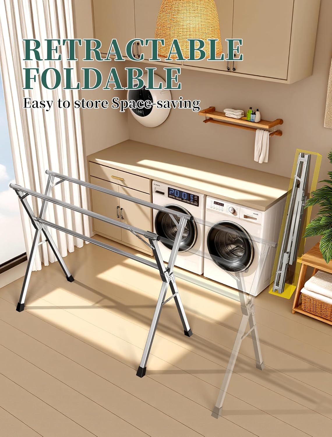63 Inches Heavy - Duty Stainless Steel Folding Clothes Drying Rack - Indoor/Outdoor Use, Anti-Rust, 20 Windproof Hooks, Portable & Foldable (63'')