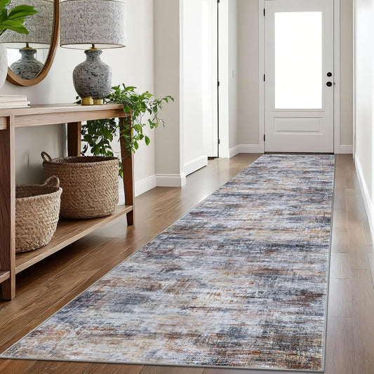 IOHOUZE Abstract Runner Rug 3x16 Ft Washable Runners for Hallways, Non Slip Kitchen Runner Printed Faux Wool Entryway Runner Indoor, Modern Abstract Floor Carpet for Hall Stair, Orange Grey