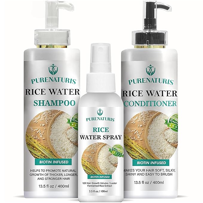 PureNaturis Rosemary Rice Water Shampoo Conditioner & leave-in Spray for Hair Growth Repair System Kit, w/Rosemary, Biotin, Caffeine, Sulfate Free Routine Shampoo for Women Men Hair Loss Thickening