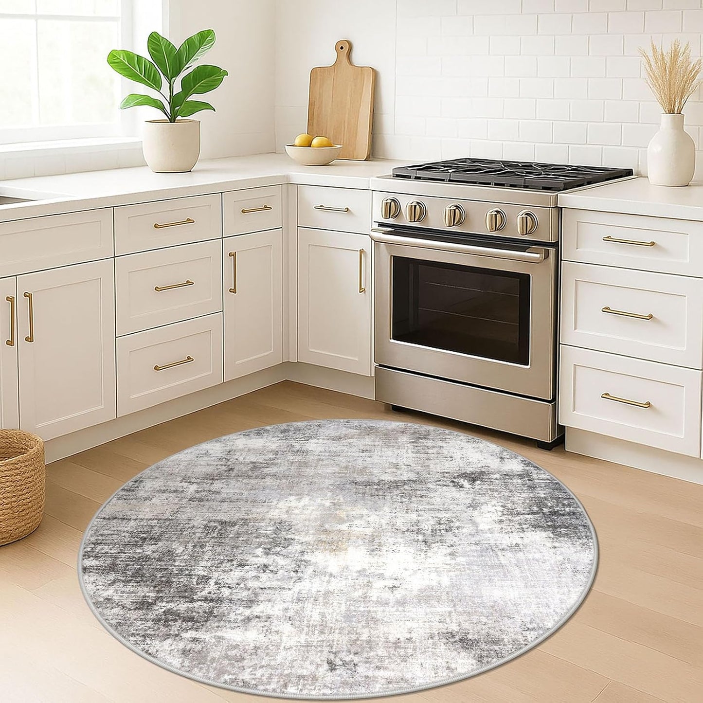 IOHOUZE Round Area Rug 5 Ft Circle Entryway Rugs Round Washable Door Mat Indoor Entrance, Non Slip Circle Front Door Rug, Printed Abstract Faux Wool Floor Carpet for Foyer Porch Sink, Grey Beige