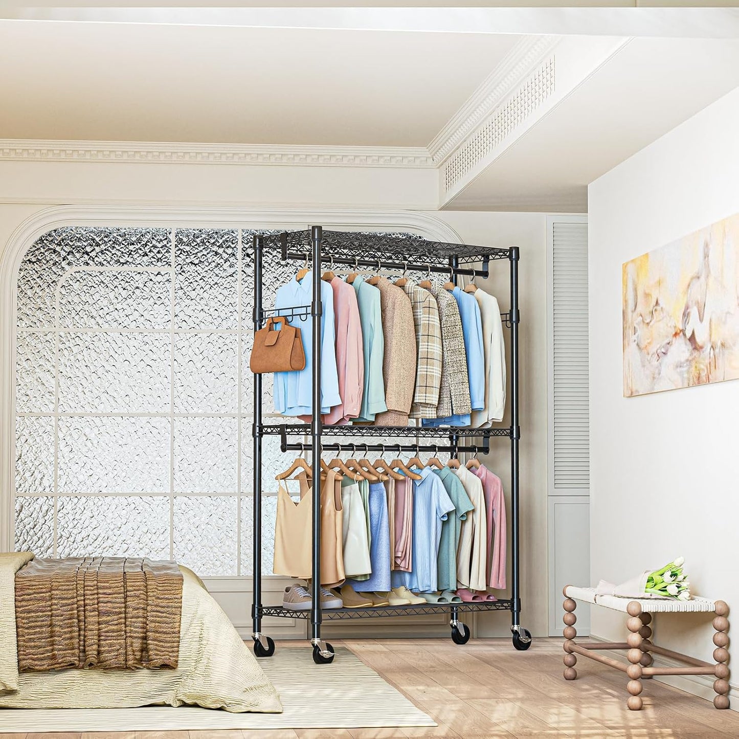 IZEUK Heavy Duty Rolling Garment Rack with 3 Adjustable Wire Shelves, Hanging Rod & Side Hooks - Extra Large Mobile Clothes Rack with Wheels, 47.2" W x 17.7" D x 83.6" H, Black