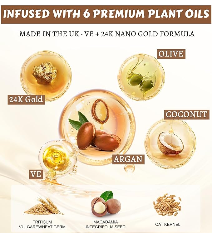 24K Gold Hair Oil Made in the UK – Repair & Shine Serum with Coconut, Argan & Olive Oils – Vegan Heat Protectant, Frizz Control for Dry, Damaged Hair (2.02 Fl Oz (Pack of 1))