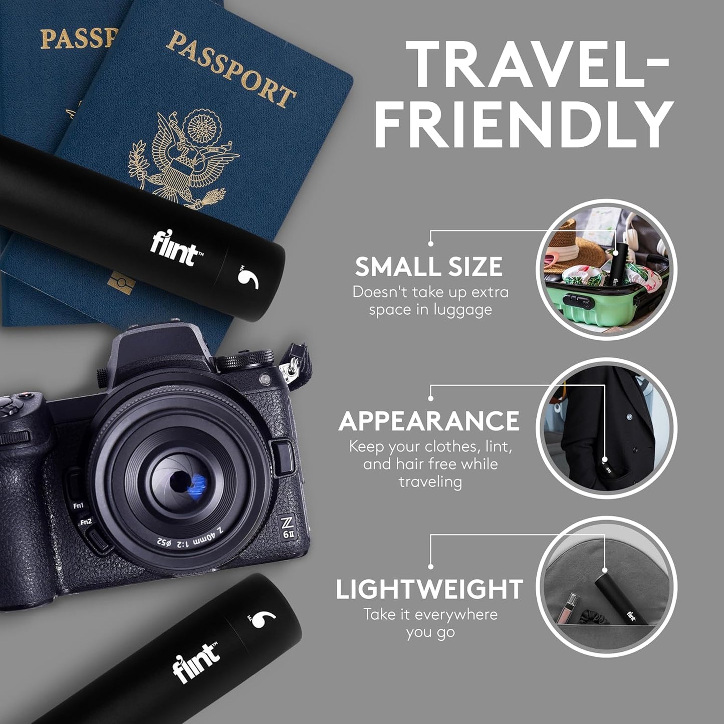 Flint Classic Black Retractable Mini Lint Roller with 90 Extra Sticky Sheets, Small and Portable Lint Roller, Ideal Pet Hair Remover, Travel Lint Rollers for pet Hair Extra Sticky