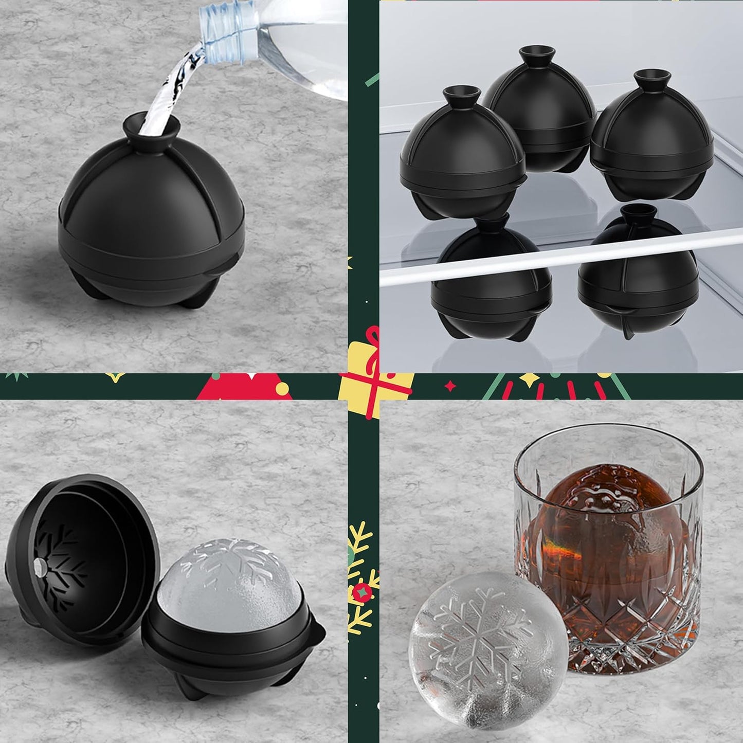 Novelty Christmas Snowflake Tree Ball Ice Maker Mold Set of 4, Funny Christmas Snowflake Tree Gifts for Women, 2.36" Large Sphere Round Ice Cube Molds for Whiskey, Bourbon, Cocktails