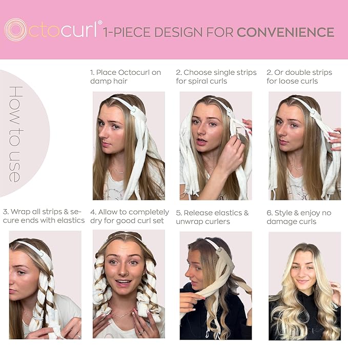 Octocurl Heatless Curls Headband - Hair Curlers to Sleep In - Heatless Curlers for Long Hair (Microfiber - White)
