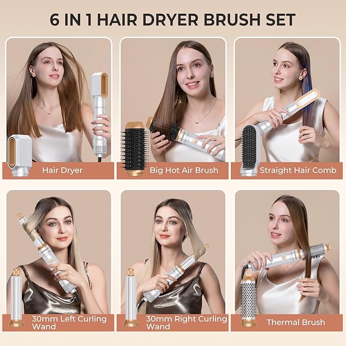 6 in ONE Blow Dryer Brush,Air Curling Iron Round Brush Blow Dryer 800W,Ionic Hair Dryer Brush for Women, Hot Air Brush Hair Styling Tools 100-120V (White Gold)