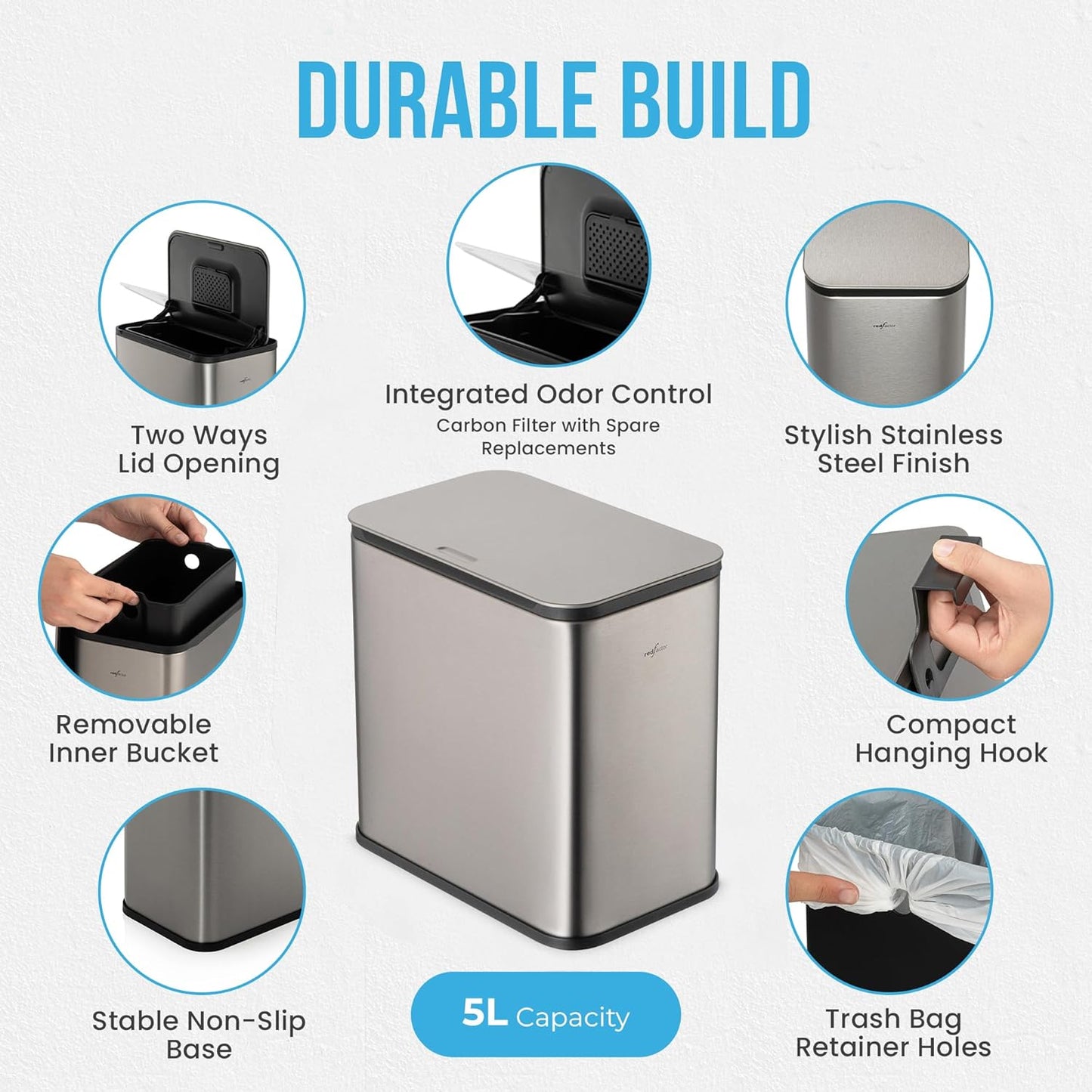 RedFactor Stainless Steel Hanging Trash Can with Lid and Inner Bucket – Slim 1.3 Gallon Odor-Free Compost Bin for Kitchen Cabinet, Countertop, Under Sink, or Bathroom (Metallic Gray)