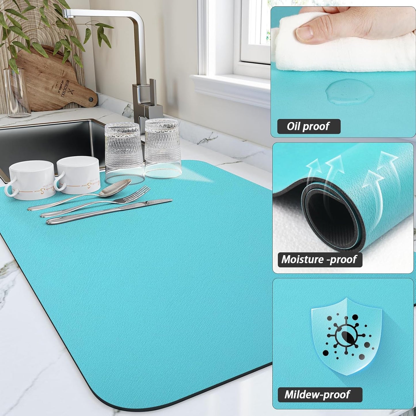 Dish Drying Mat for Kitchen Counter, Heat Resistant Drainer Mats with Non-slip Rubber Backed, Hide Stain Kitchen Super Absorbent Draining Mat, Easy to Clean Dish Rack Pad, Teal 16"x18"