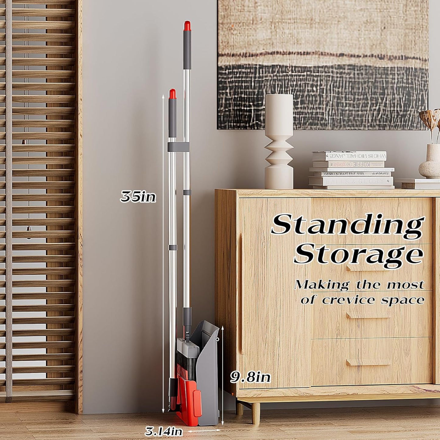 Broom with Dustpan Combo Set 180 Degree Rotating Broom Set with Comb Teeth Upright Standing Dust Pan with Adjustable Long Handle for Home Room Kitchen