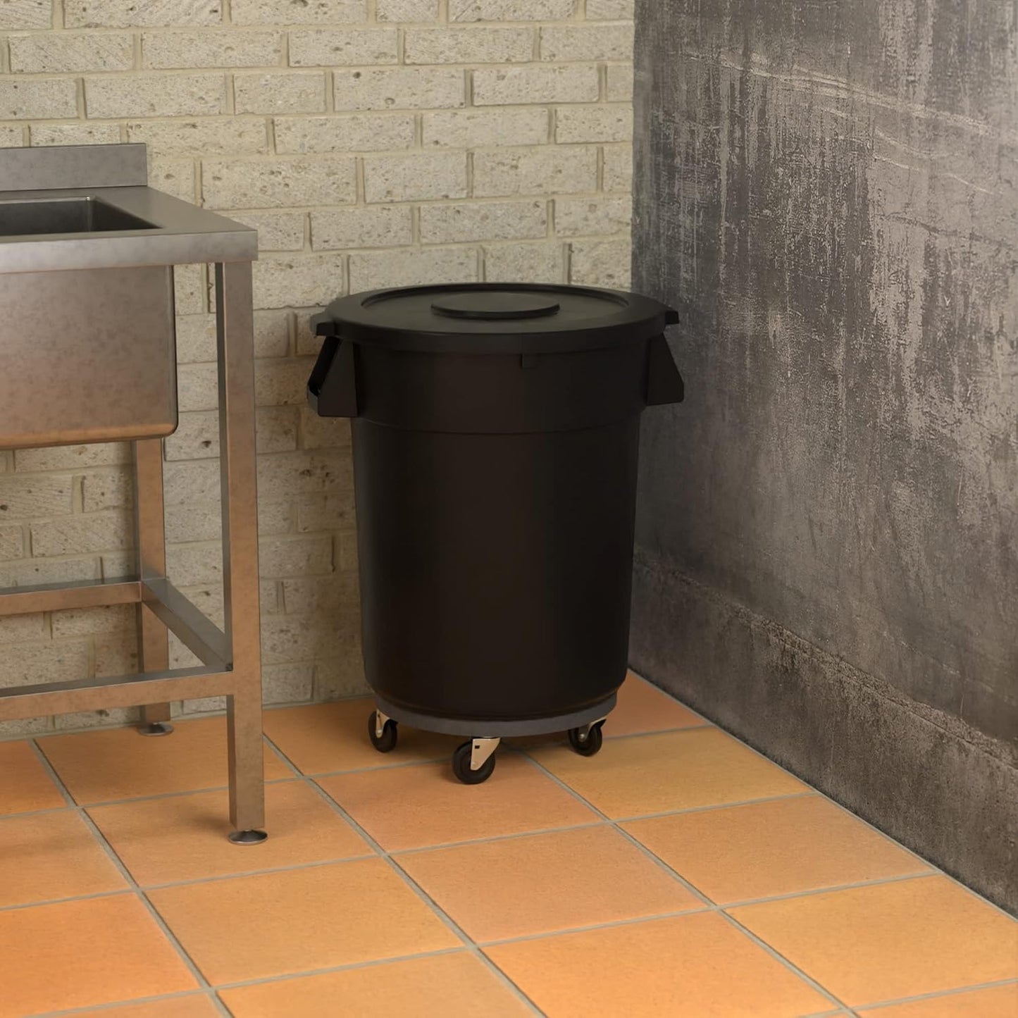 32 Gallon Black Round Commercial Trash Can with Lid and Dolly