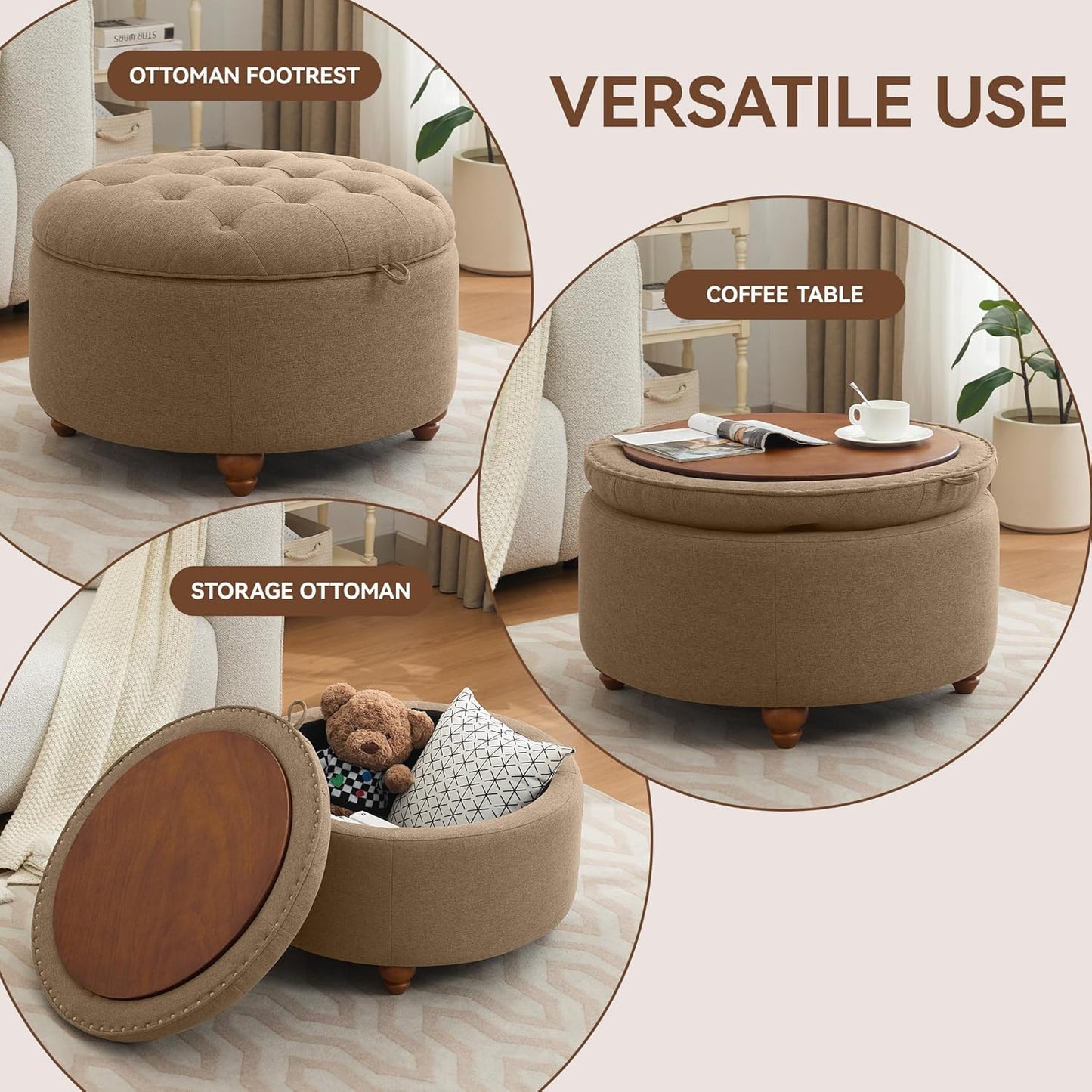 30Inch Round Storage Ottoman with Tray, Modern Tufted Fabric Circle Coffee Table with Storage, Upholstered Ottoman with Removable Top for Living Room, Bedroom, Brown