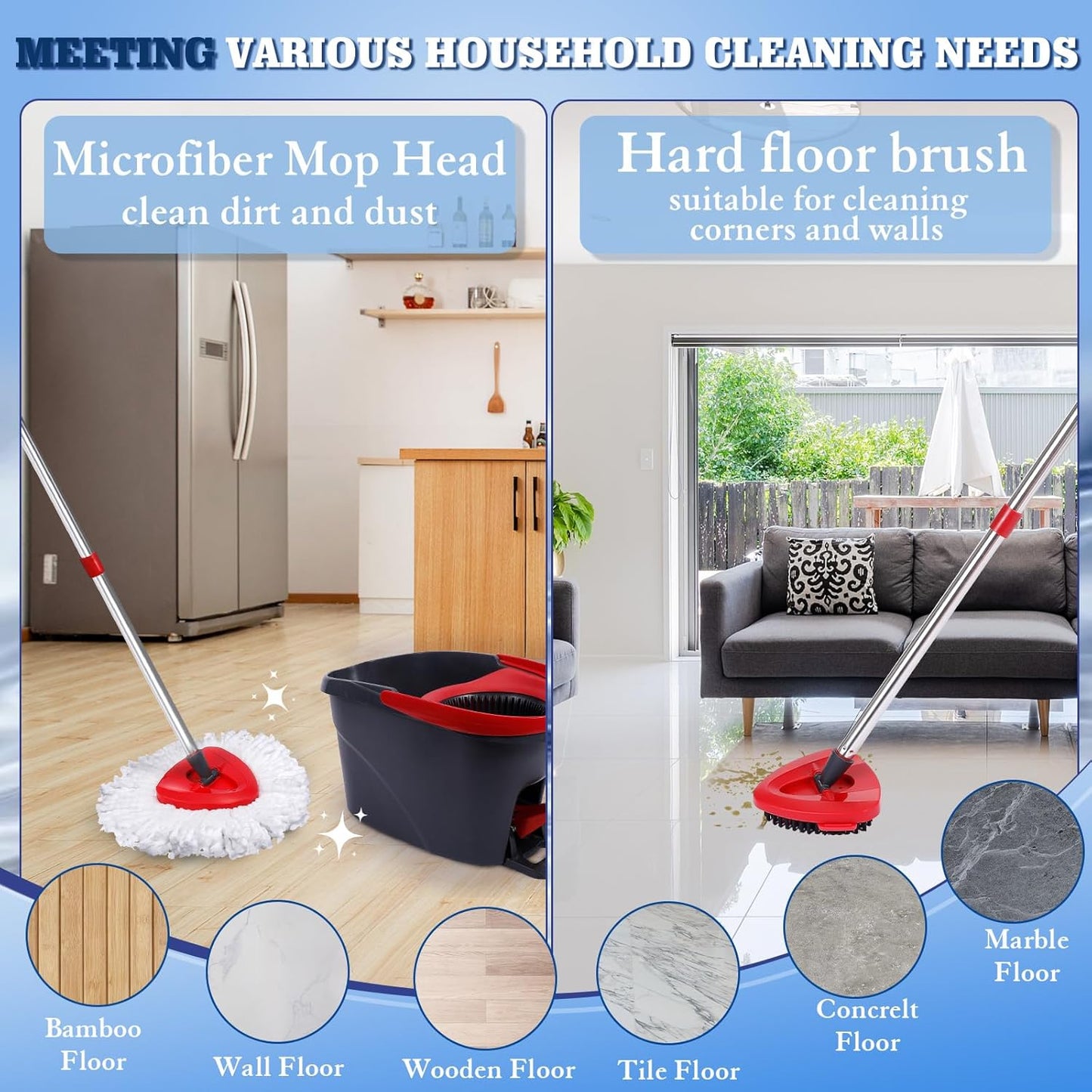 4 Pack Mop Replacement Heads Compatible with Oceda EasyWring 1-Tank System - Includes 1 Mop Scrub Brush Head,1 Mop Base,Microfiber Mop Refills, Easy Cleaning Mop Head Replacement(White)
