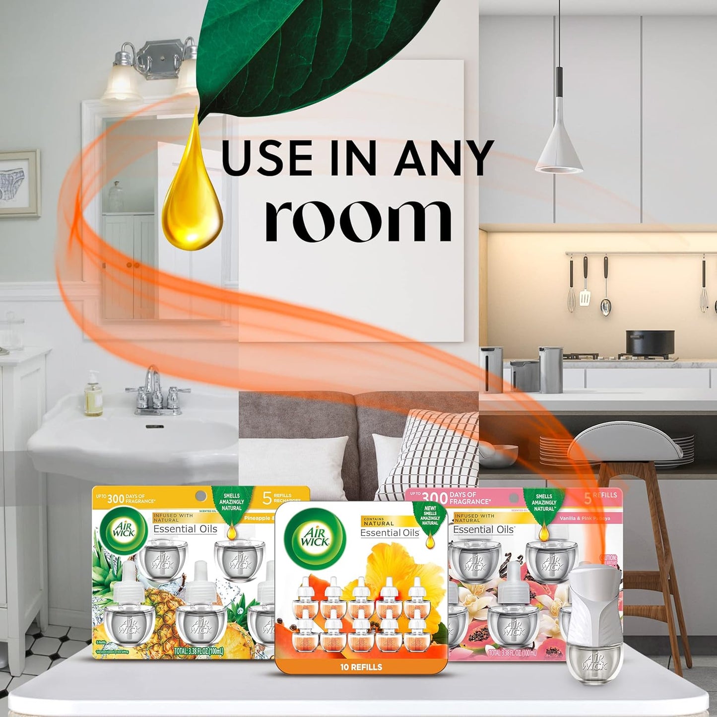 Air Wick Plug in Scented Oil Starter Kit, 2 Warmers + 6 Refills, Hawaii, Essential Oils