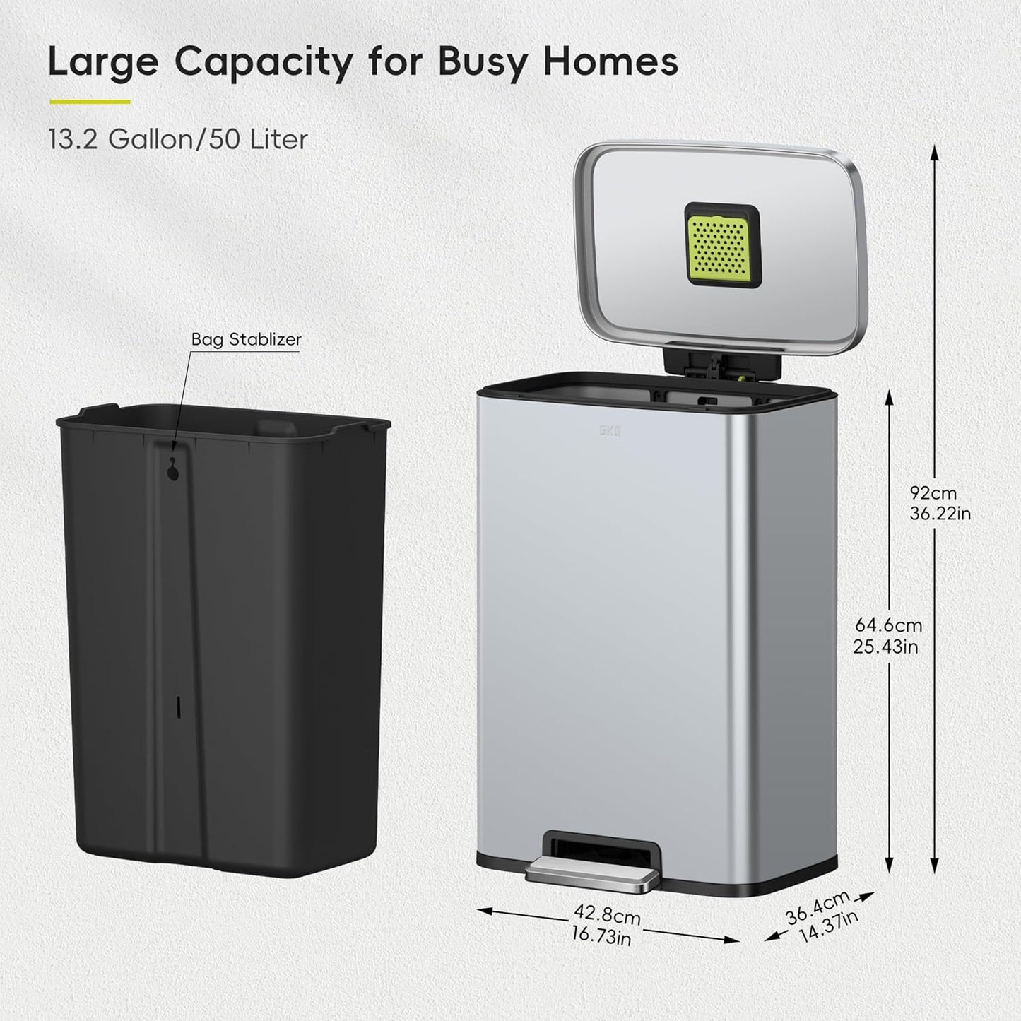 EKO Madison Matte Grey Stainless Steel 50 Liter/13.2 Gallon Step Trash Can with Inner Liner - Fingerprint Resistant Finish