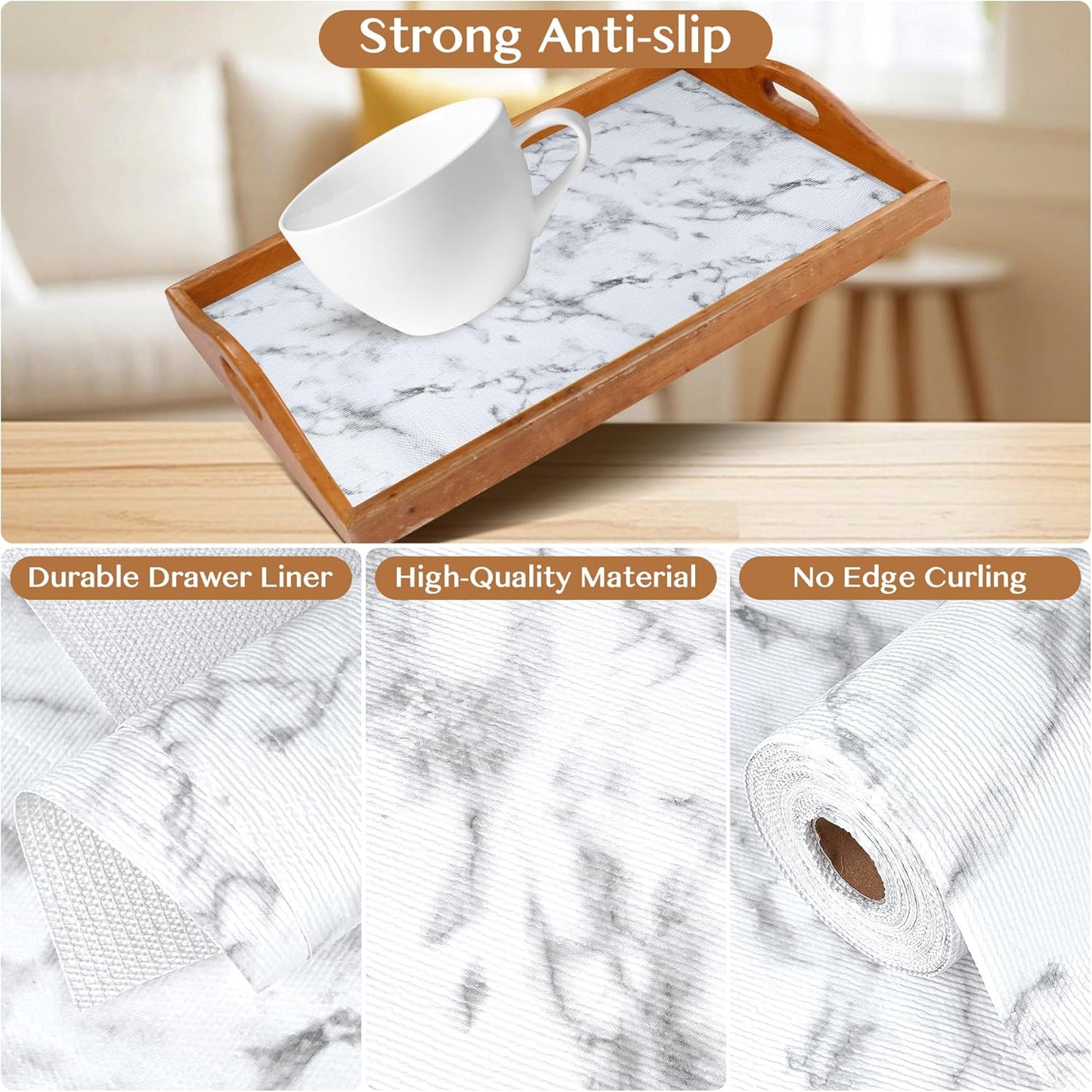 Non-Adhesive Shelf and Drawer Liner for Kitchen Cabinets, 12 in x 20FT Strong Non-Slip Cabinet Liners for Shelves, Refrigerator, Pantry Storage, Bathroom Closet, Easy to Clean, Marble