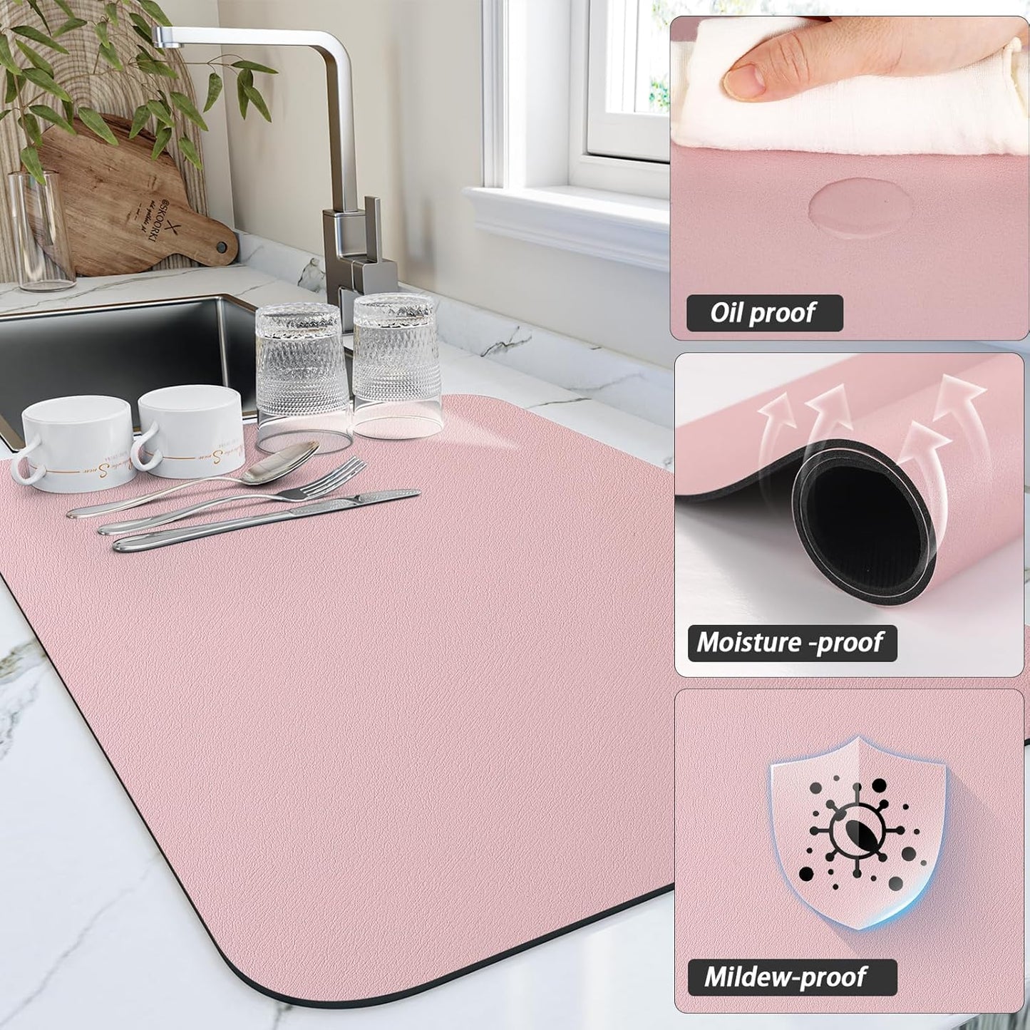 Dish Drying Mat for Kitchen Counter, Heat Resistant Drainer Mats with Non-slip Rubber Backed, Hide Stain Kitchen Super Absorbent Draining Mat, Easy to Clean Dish Rack Pad, Pink 18"x32"