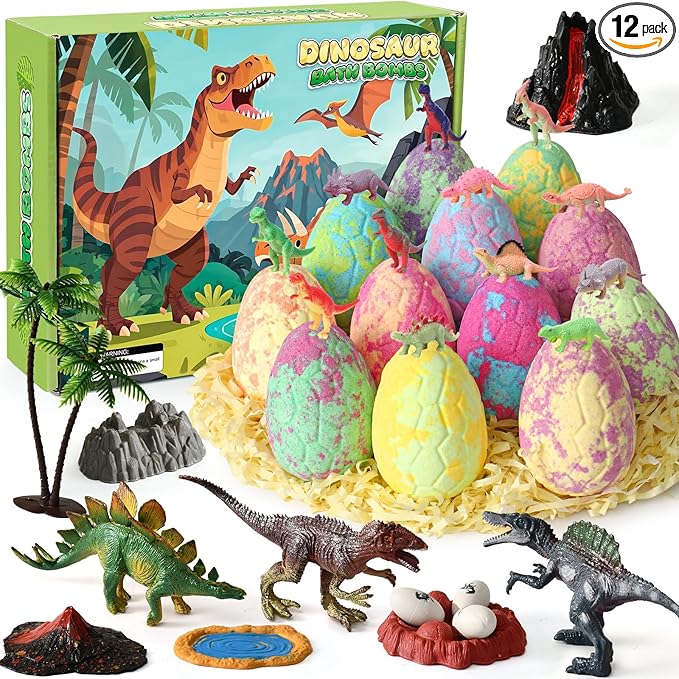 Golray Bath Bombs for Kids with Surprise Inside Dinosaur Toy, 12 Pack Dinosaur Eggs Bath Bombs Pretend Playset, Handmade Bubble Bath Fizzies Stocking Stuffers Birthday Christmas Gift for Boys