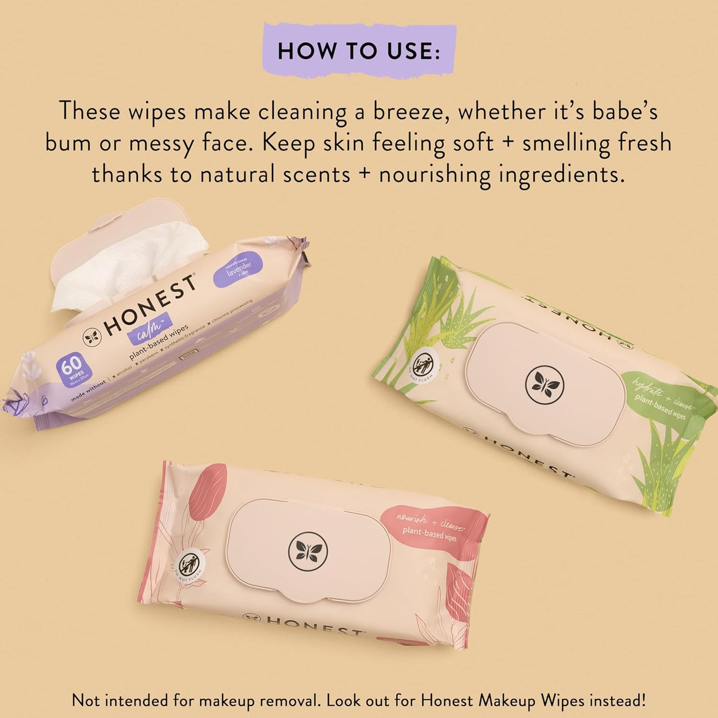 The Honest Company Calm and Cleanse Naturally Scented Wipes Cleansing Multi-Tasking Wipes 99% Water Plant Based Hypoallergenic Lavender 60 Count