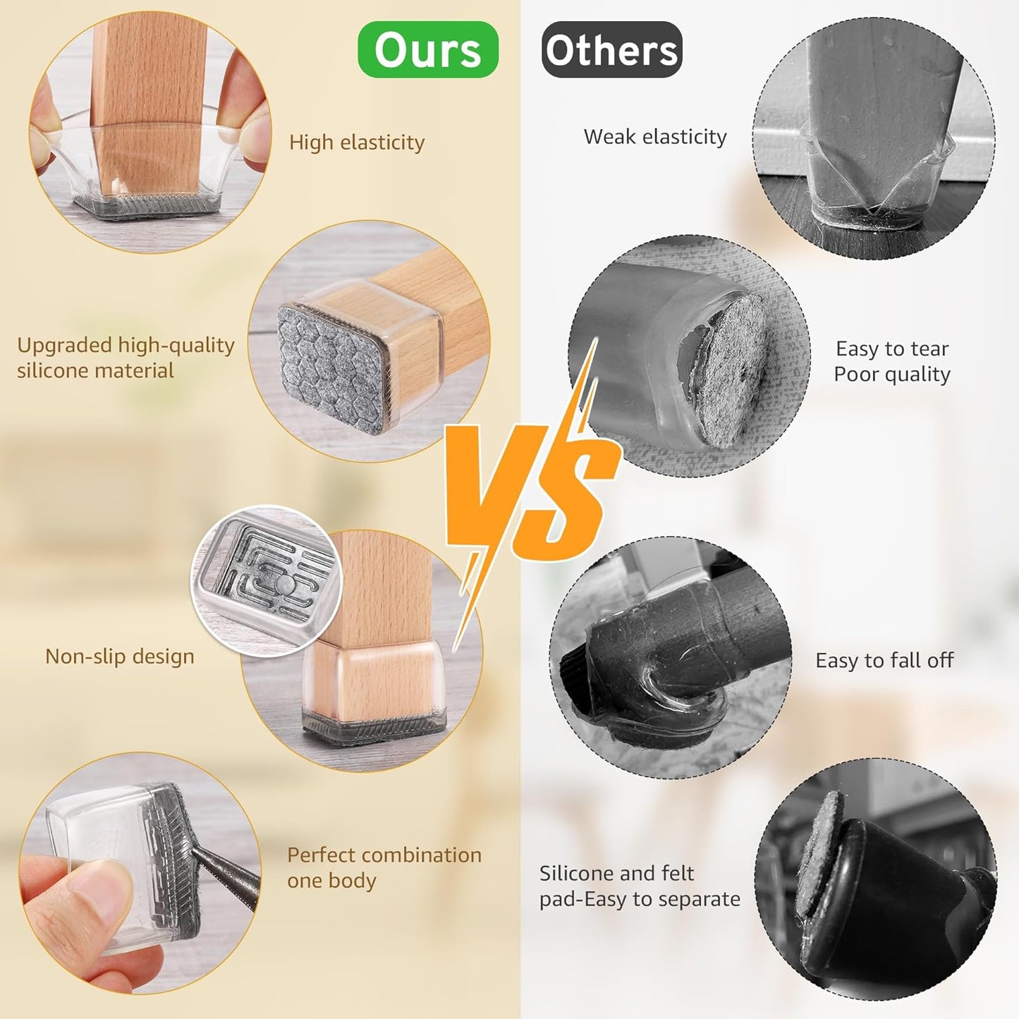 24PCS Rectangular Chair Leg Floor Protectors, Furniture Sliders, Non-Slip Felt Furniture Pads for Hardwood Floors, Silicone Cap Covers to Protect Floors,(Fit L :1.73-2.05", W: 1.34-1.65")