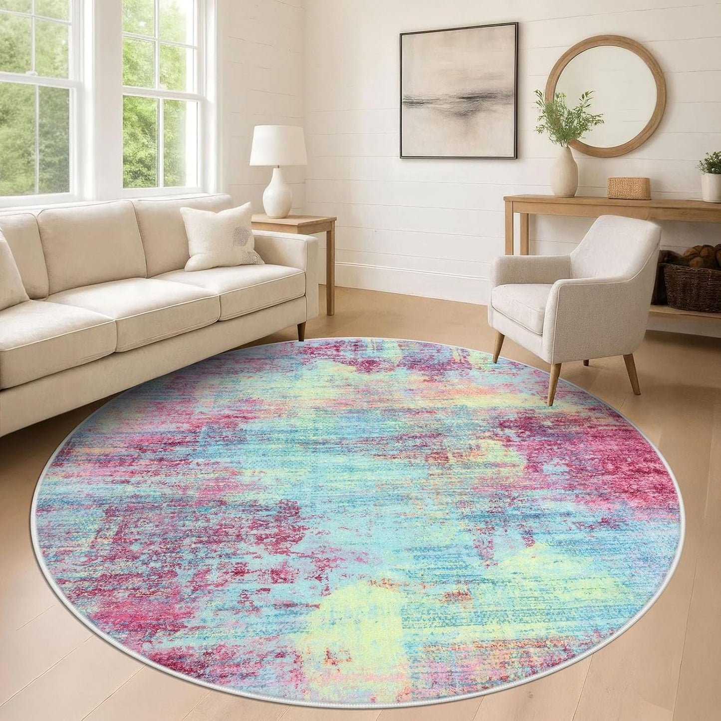 IOHOUZE Abstract Round Area Rug 8 Ft Washable Circle Rugs Large Round Rug Non Slip Thin Soft Circle Rugs, Printed Faux Wool Floor Carpet for Bedroom Living Room Dining Room Nursery, Pink Teal