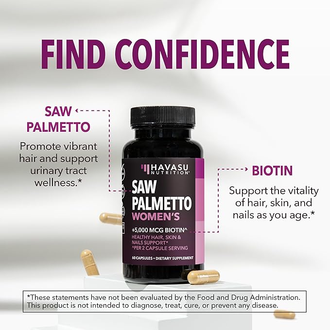 Saw Palmetto for Women with Biotin 5000mcg - Powerful DHT Blocker to Support Hair, Skin, and Nail Health - 60 Count - Vegan, Non-GMO Vitamin for Stronger, Fuller Looking Locks - 1 Month Supply