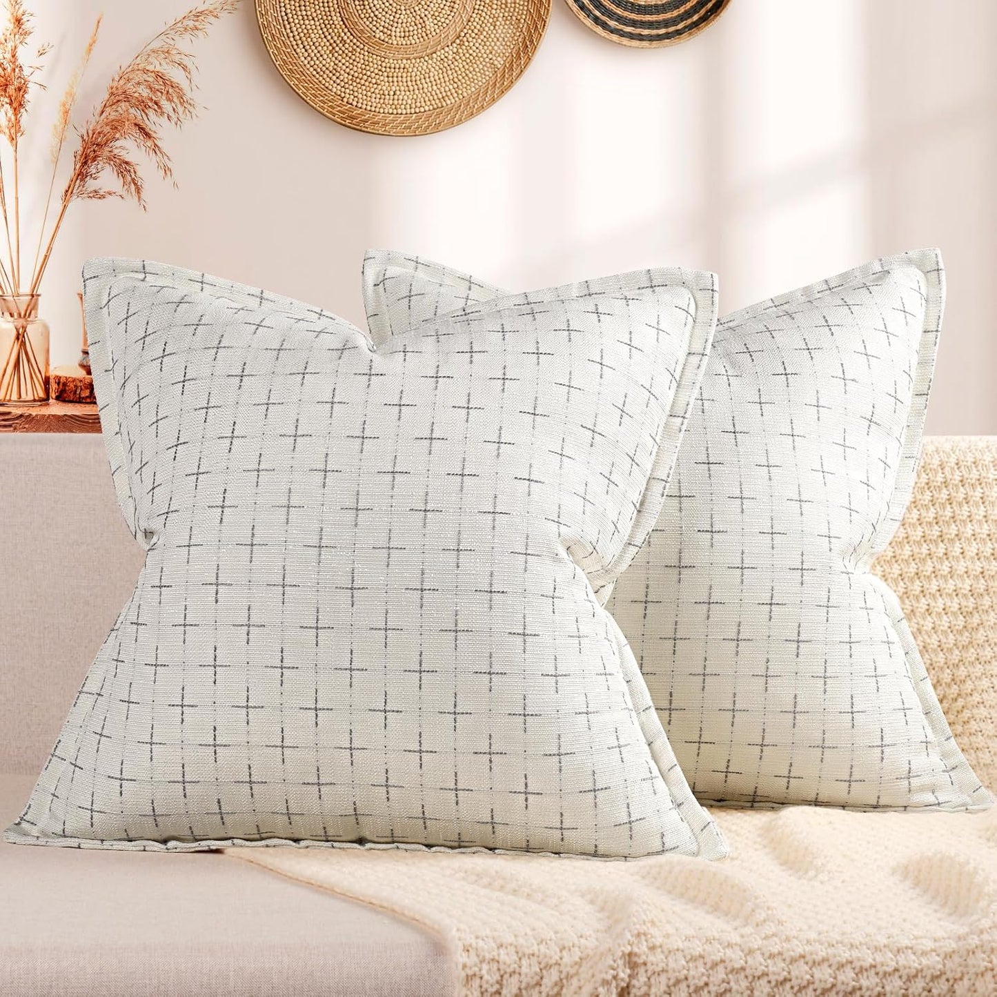 ZWJD Pillow Covers 24x24 Set of 2 Soft Polyester Textured Pillow Covers with Stylish Flange Edge Cozy Farmhouse Throw Pillows for Couch Bed Sofa Living Room
