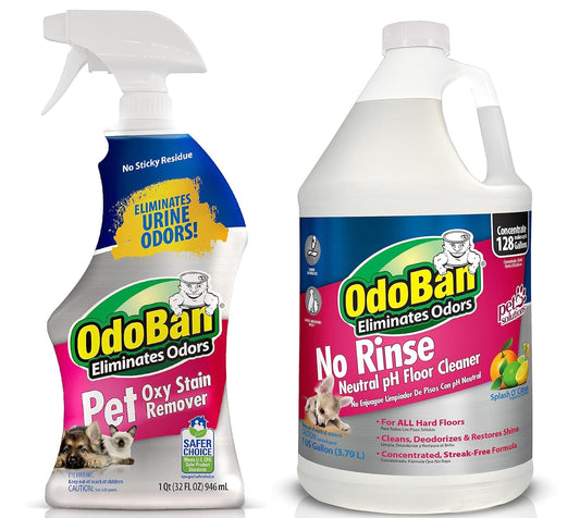 OdoBan Pet Solutions No Rinse Neutral pH Floor Cleaner Concentrate, Made in the USA, 1 Gallon, and Oxy Stain Remover, 32 Ounce Spray