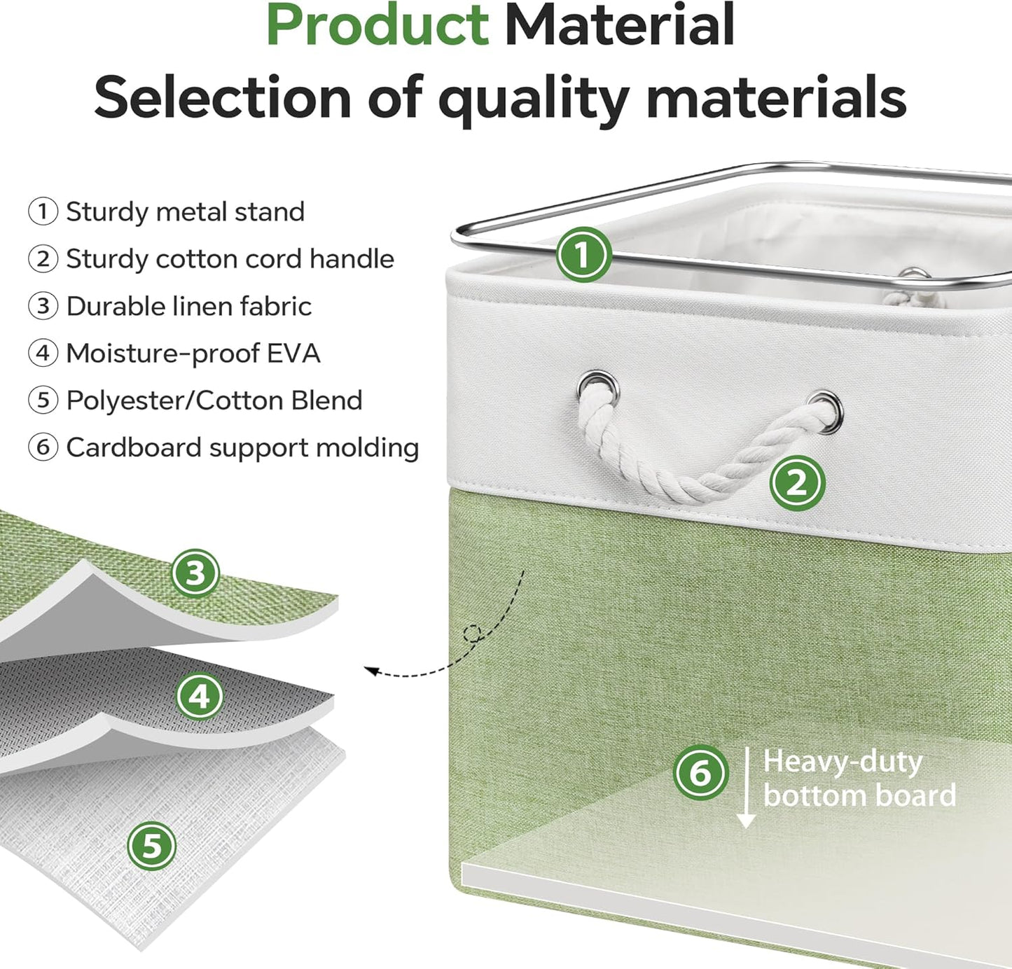 13x13 Inch Cube Storage Bins with Reinforced Bottom Cardboard, 6 Pack Large Collapsible Fabric Storage Cubes with Handles for Shelf, Closet, Toy, Laundry Organization (White&Green)