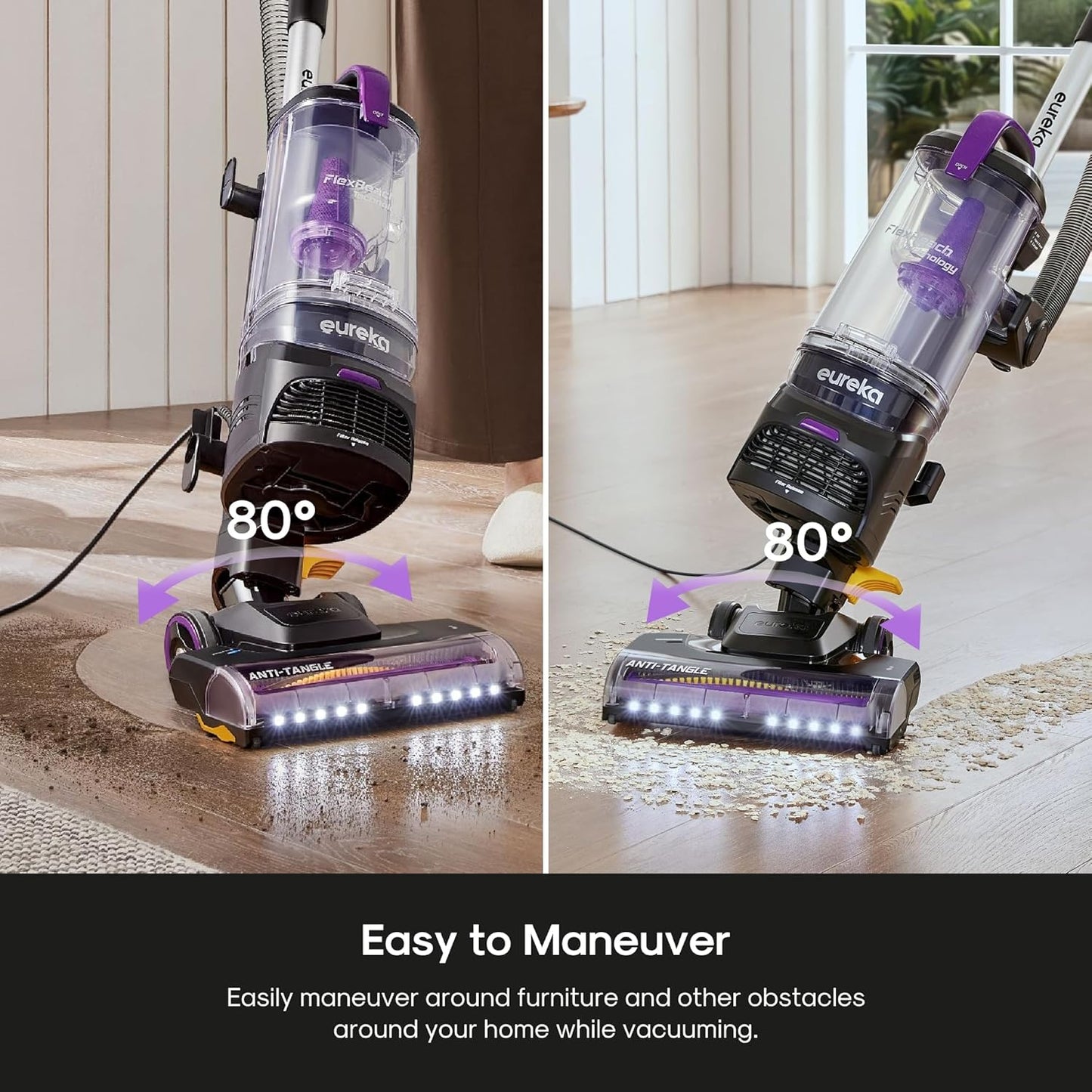 Eureka FlexReach Powerful Upright Vacuum Cleaner for Carpet and Hard Floor, Lift-Up Vacuum with Large Dust Cup, Anti-Tangle, NEU651PL, Purple