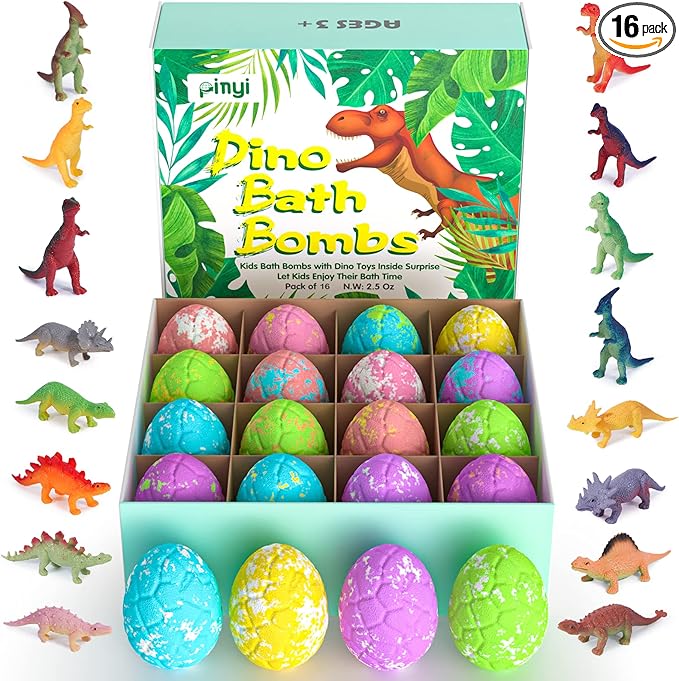 16 Pack Dinosaur Bath Bombs for Kids with Surprise Inside, Dino BathBombs with Toys Inside for Boys Girls Toddlers, Organic Kids Bath Bomb Bubble Bath Dinosaur Bath Toys Easter Birthday Gift Set