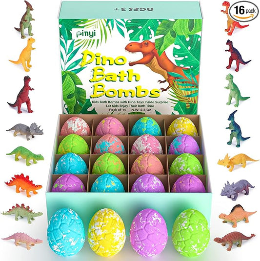 16 Pack Dinosaur Bath Bombs for Kids with Surprise Inside, Dino BathBombs with Toys Inside for Boys Girls Toddlers, Organic Kids Bath Bomb Bubble Bath Dinosaur Bath Toys Easter Birthday Gift Set